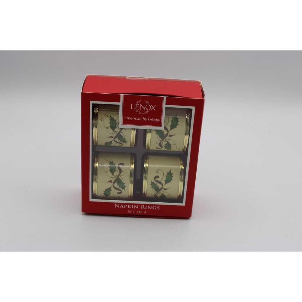 Lenox Christmas Nouveau Holiday Oval Napkin Rings Ribbon Holly Berries Set of 4